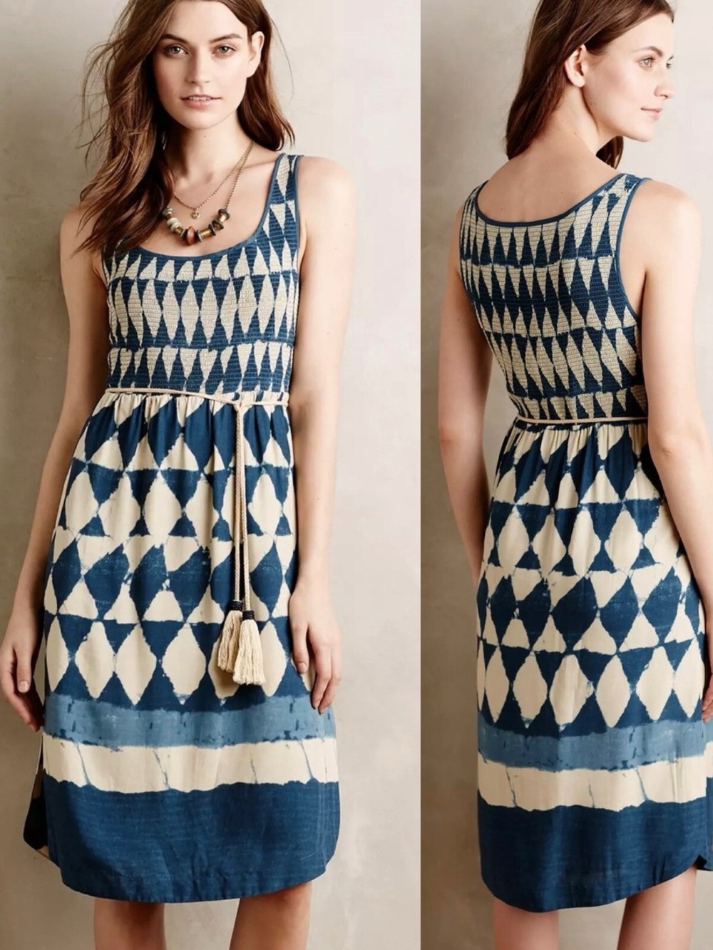 Anthropologie Maeve Castalia Dress Geometric Boho Artsy Coastal Smocked Size 8